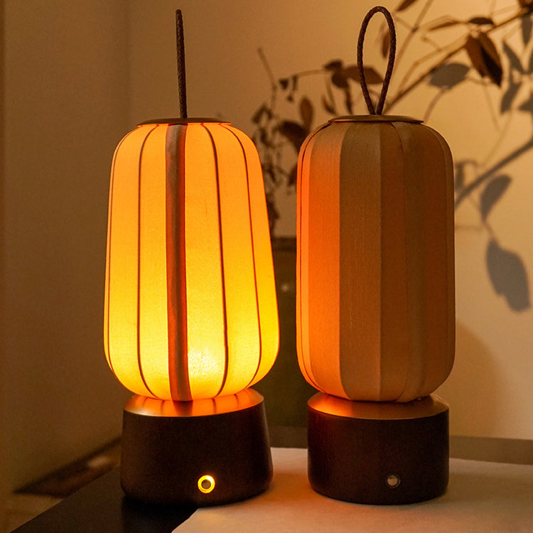 Lampe de table LED en bois massif et tissu avec lanterne chinoise traditionnelle pour chambre 