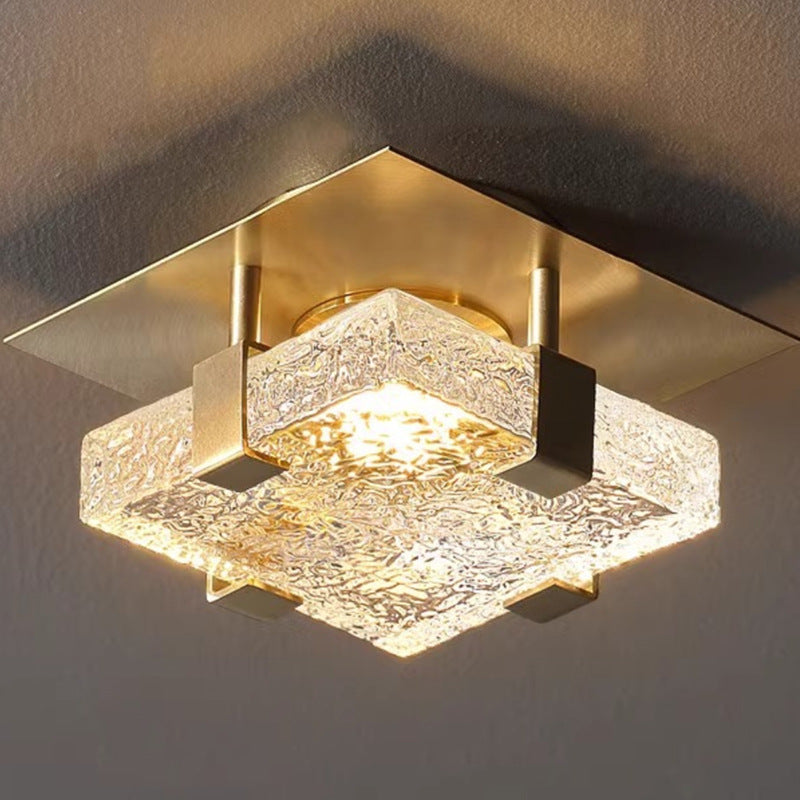 Modern Luxury Square Stainless Steel Glass LED Semi-Flush Mount Ceiling Light For Hallway