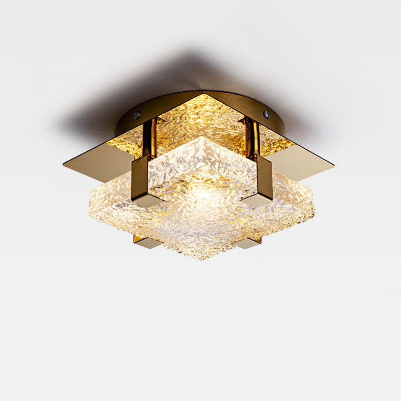Modern Luxury Square Stainless Steel Glass LED Semi-Flush Mount Ceiling Light For Hallway
