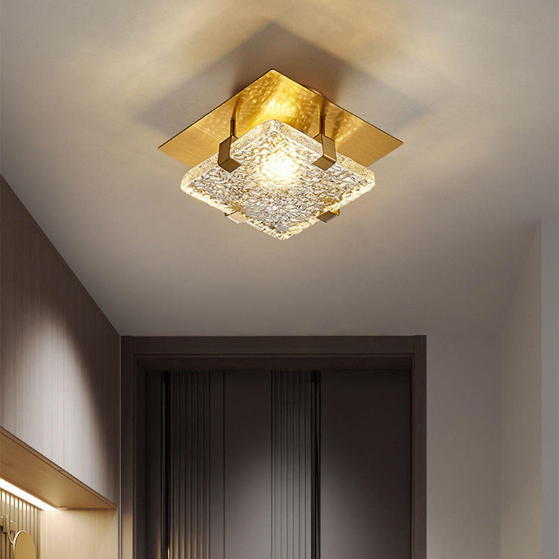 Modern Luxury Square Stainless Steel Glass LED Semi-Flush Mount Ceiling Light For Hallway