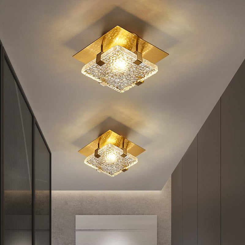 Modern Luxury Square Stainless Steel Glass LED Semi-Flush Mount Ceiling Light For Hallway