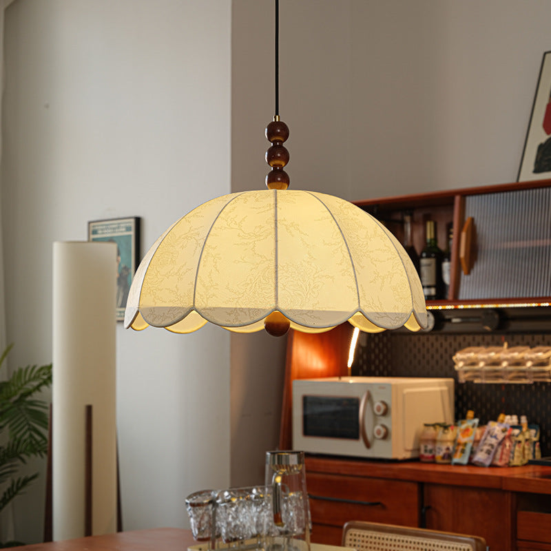 Traditional Chinese Dome Ash Wood Fabric 3-Light Pendant Light For Bedroom