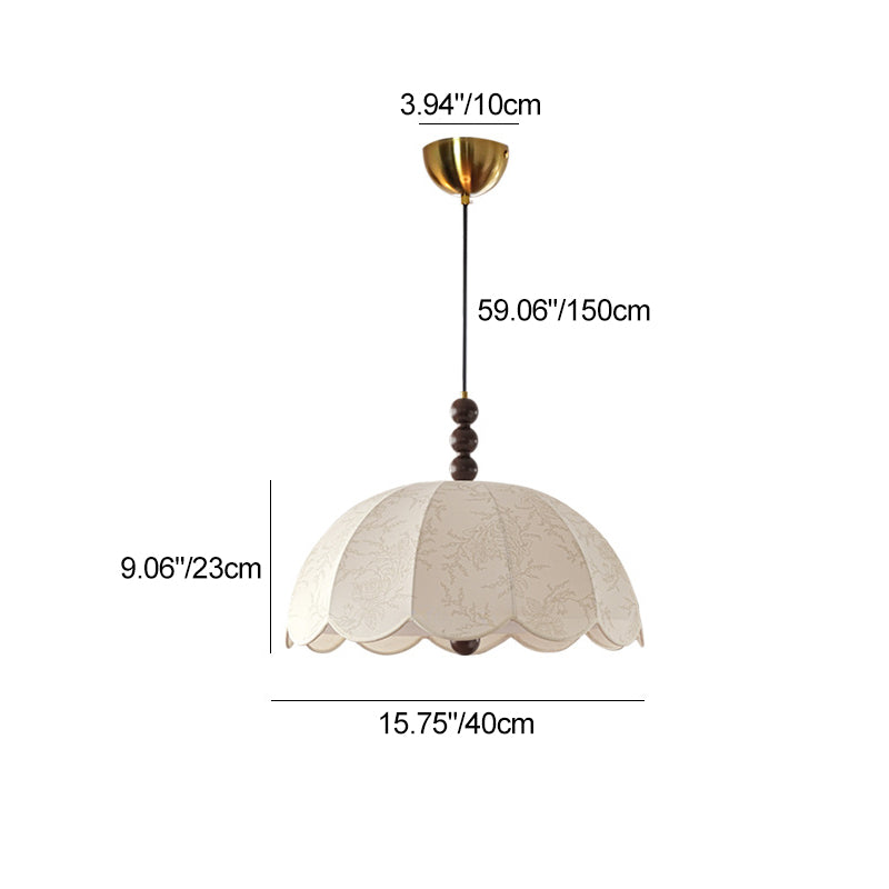 Traditional Chinese Dome Ash Wood Fabric 3-Light Pendant Light For Bedroom