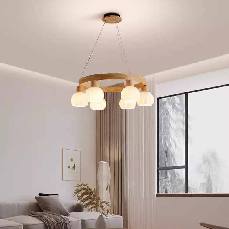 Contemporary Nordic Globe Solid Wood Glass 3/6/9 Light Chandelier For Living Room