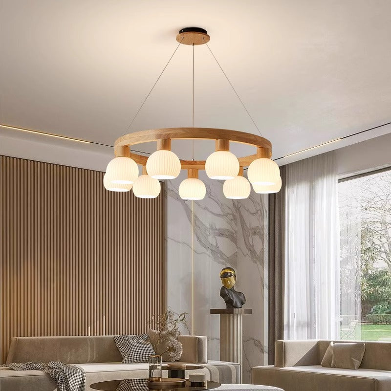 Contemporary Nordic Globe Solid Wood Glass 3/6/9 Light Chandelier For Living Room