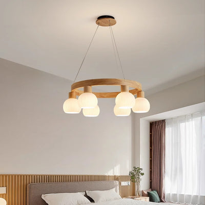 Contemporary Nordic Globe Solid Wood Glass 3/6/9 Light Chandelier For Living Room