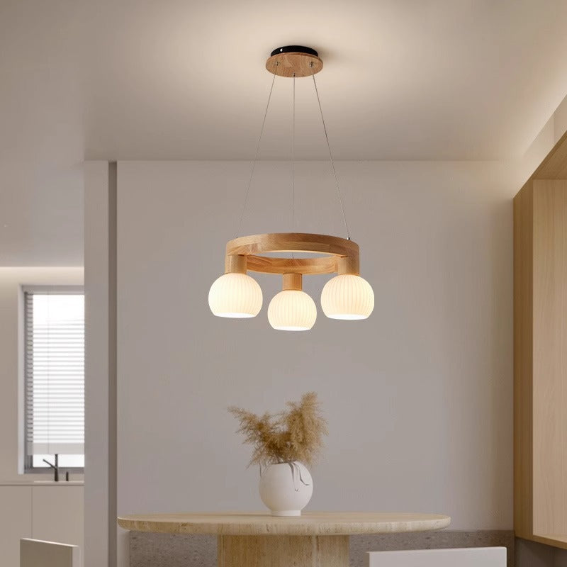 Contemporary Nordic Globe Solid Wood Glass 3/6/9 Light Chandelier For Living Room