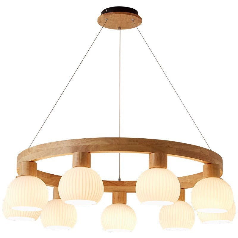 Contemporary Nordic Globe Solid Wood Glass 3/6/9 Light Chandelier For Living Room