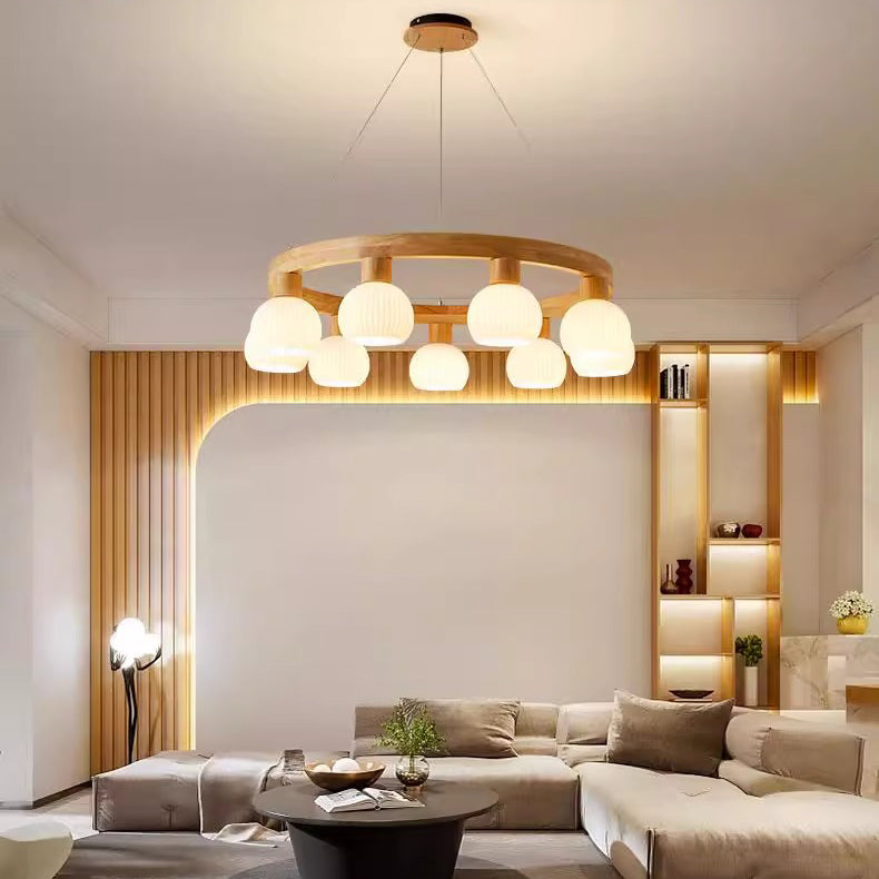 Contemporary Nordic Globe Solid Wood Glass 3/6/9 Light Chandelier For Living Room