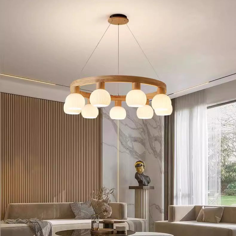 Contemporary Nordic Globe Solid Wood Glass 3/6/9 Light Chandelier For Living Room