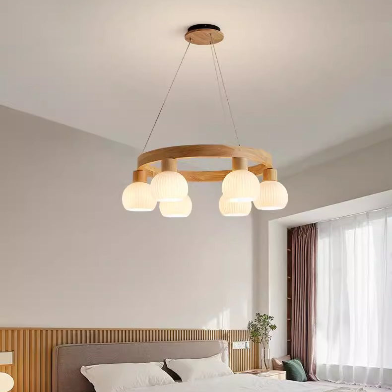 Contemporary Nordic Globe Solid Wood Glass 3/6/9 Light Chandelier For Living Room