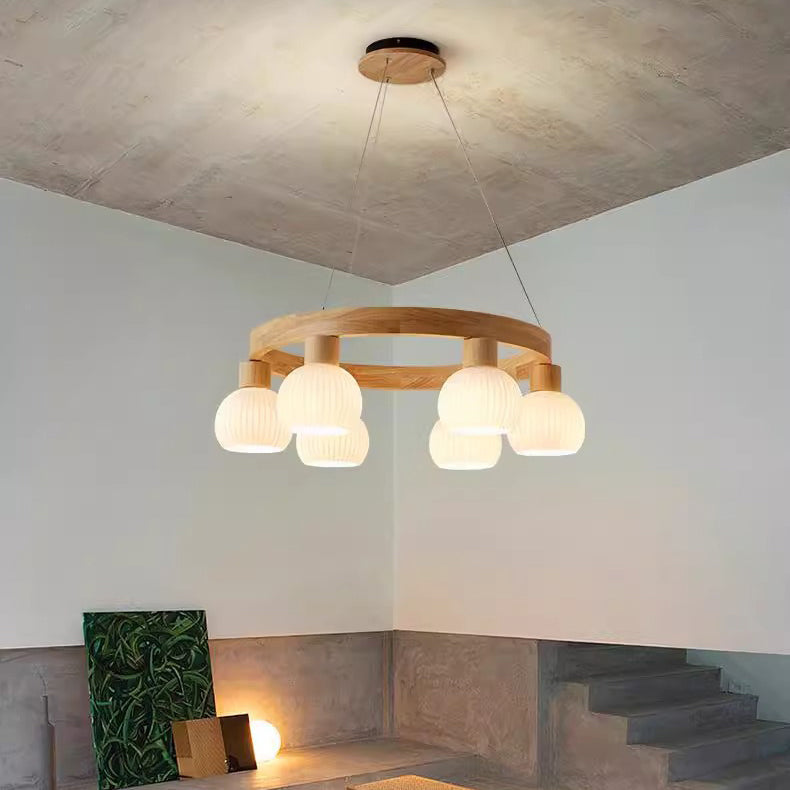Contemporary Nordic Globe Solid Wood Glass 3/6/9 Light Chandelier For Living Room