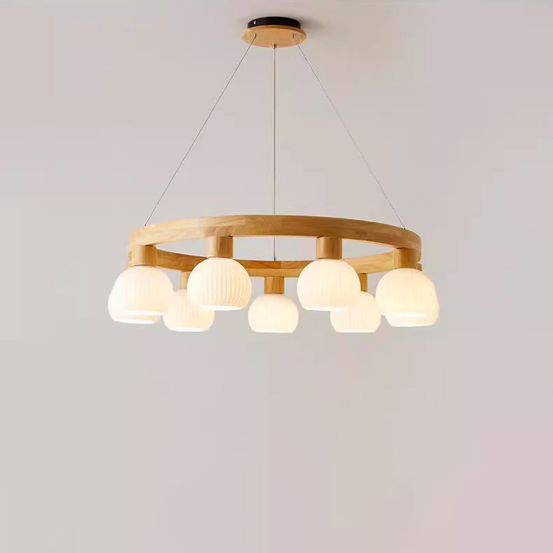 Contemporary Nordic Globe Solid Wood Glass 3/6/9 Light Chandelier For Living Room