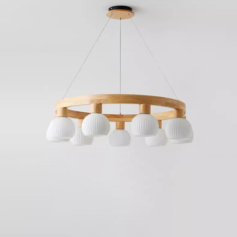 Contemporary Nordic Globe Solid Wood Glass 3/6/9 Light Chandelier For Living Room