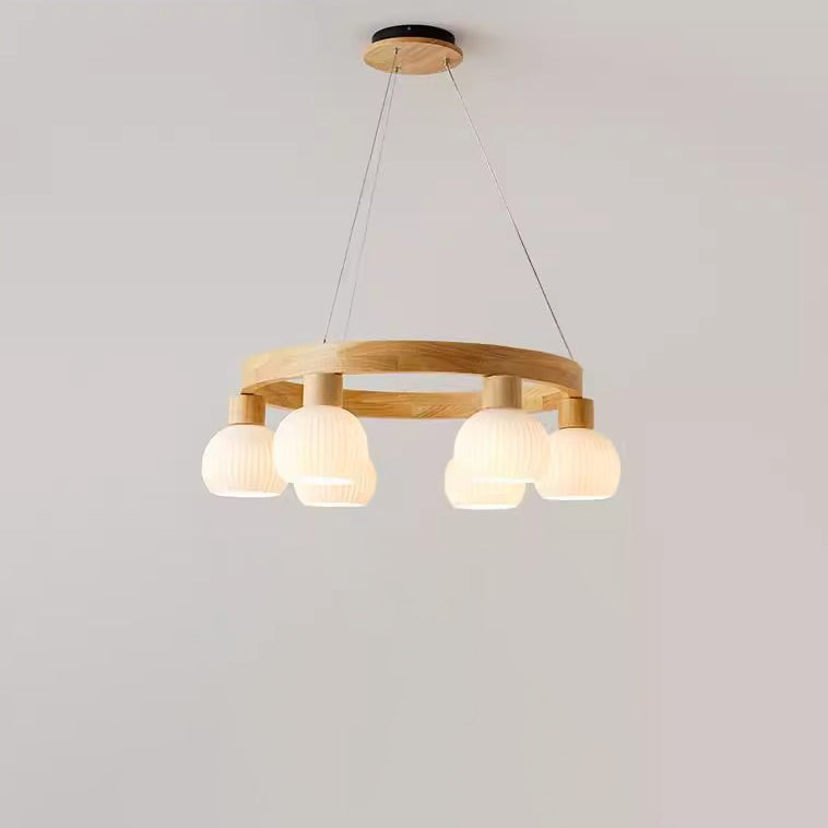 Contemporary Nordic Globe Solid Wood Glass 3/6/9 Light Chandelier For Living Room