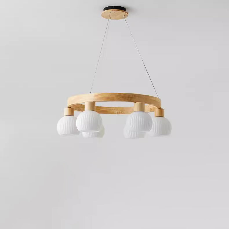 Contemporary Nordic Globe Solid Wood Glass 3/6/9 Light Chandelier For Living Room