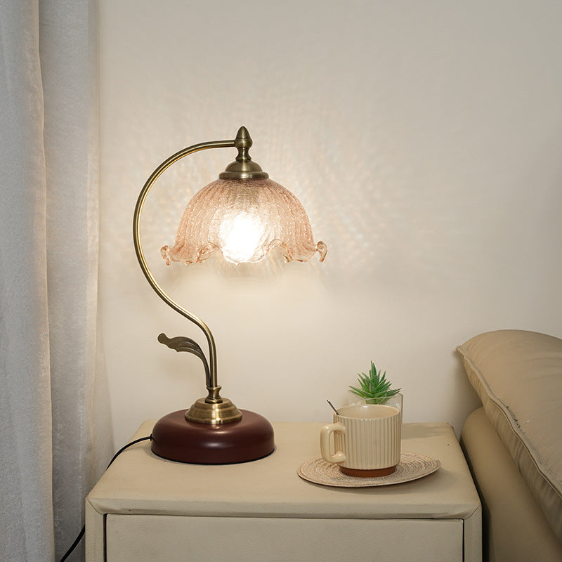 Modern Mid-Century Flower Iron Glass 1-Light Table Lamp For Bedroom