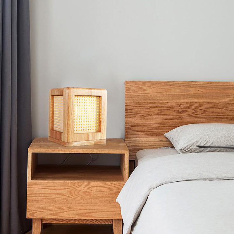 Lampe de table à 1 lumière avec aimant en bois de caoutchouc cube japonais traditionnel pour chambre 