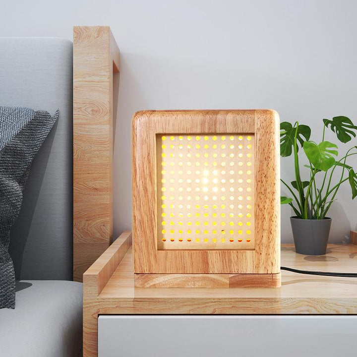 Lampe de table à 1 lumière avec aimant en bois de caoutchouc cube japonais traditionnel pour chambre 