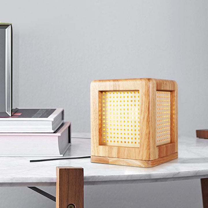 Lampe de table à 1 lumière avec aimant en bois de caoutchouc cube japonais traditionnel pour chambre 
