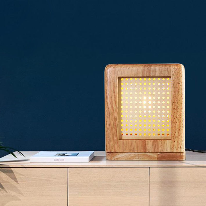 Lampe de table à 1 lumière avec aimant en bois de caoutchouc cube japonais traditionnel pour chambre 