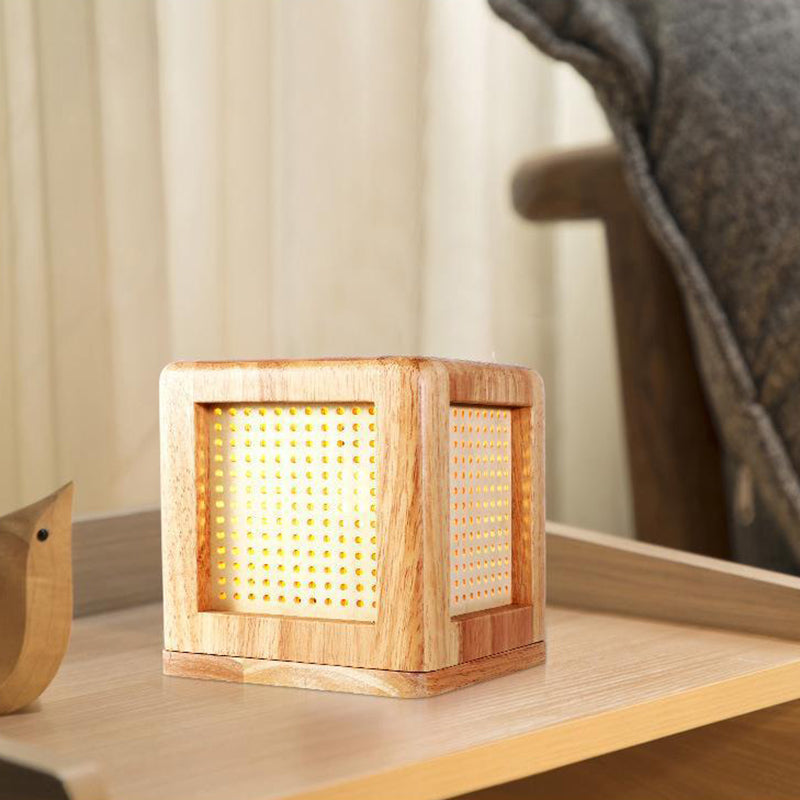 Lampe de table à 1 lumière avec aimant en bois de caoutchouc cube japonais traditionnel pour chambre 