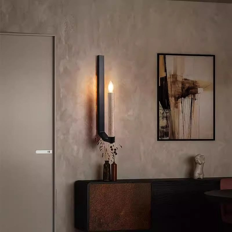 Contemporary Retro Candle Yellow Travertine Iron 1-Light Wall Sconce Lamp For Living Room