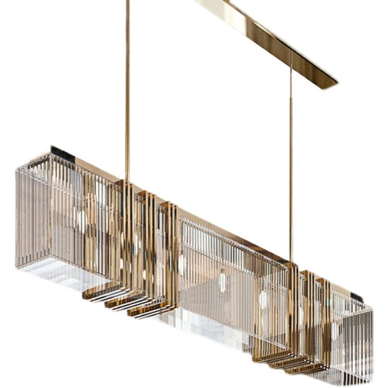 Lámpara colgante tipo isla de 7 luces de lujo moderno, rectangular, de acero inoxidable, cristal y aluminio, para comedor 