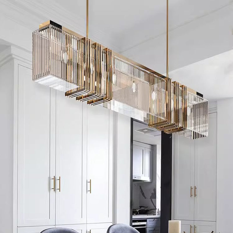 Lámpara colgante tipo isla de 7 luces de lujo moderno, rectangular, de acero inoxidable, cristal y aluminio, para comedor 