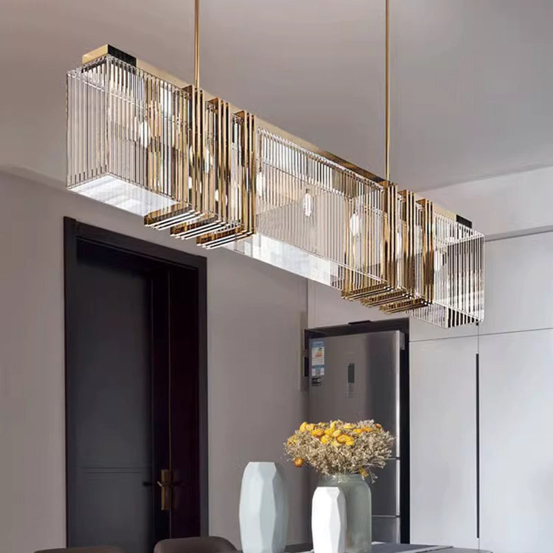 Modern Luxury Rectangular Stainless Steel Crystal 10-Light Chandelier Island Light For Dining Room