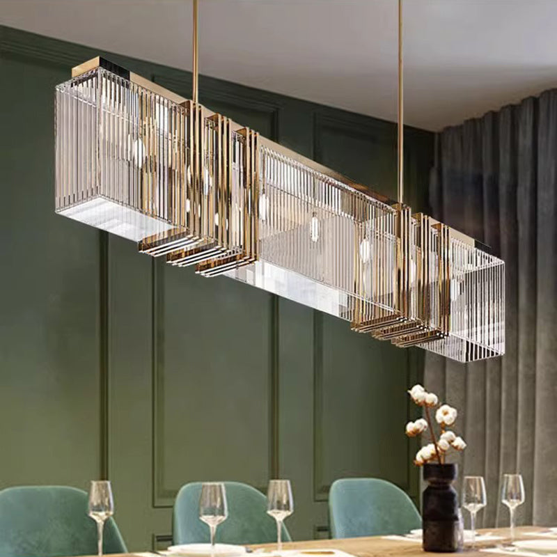 Modern Luxury Rectangular Stainless Steel Crystal 10-Light Chandelier Island Light For Dining Room