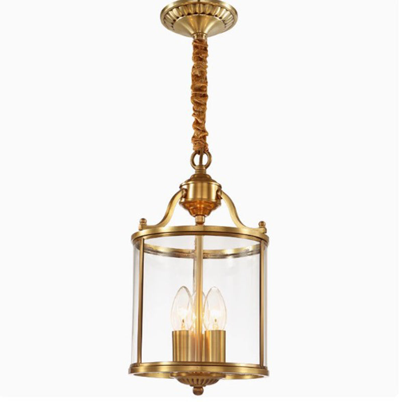 Traditional Rustic Birdcage Cylinder Copper Glass 3-Light Chandelier For Living Room