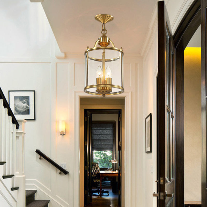 Traditional Rustic Birdcage Cylinder Copper Glass 3-Light Chandelier For Living Room
