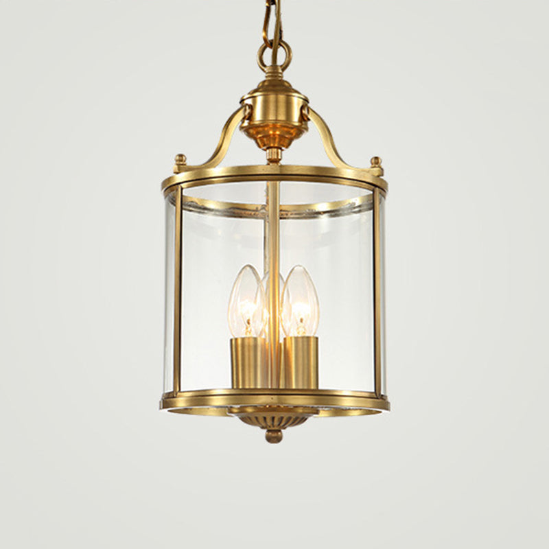 Traditional Rustic Birdcage Cylinder Copper Glass 3-Light Chandelier For Living Room