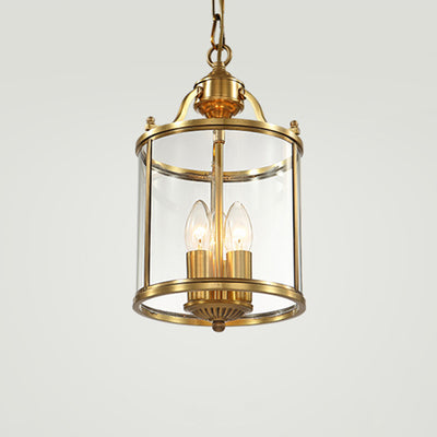 Traditional Rustic Birdcage Cylinder Copper Glass 3-Light Chandelier For Living Room