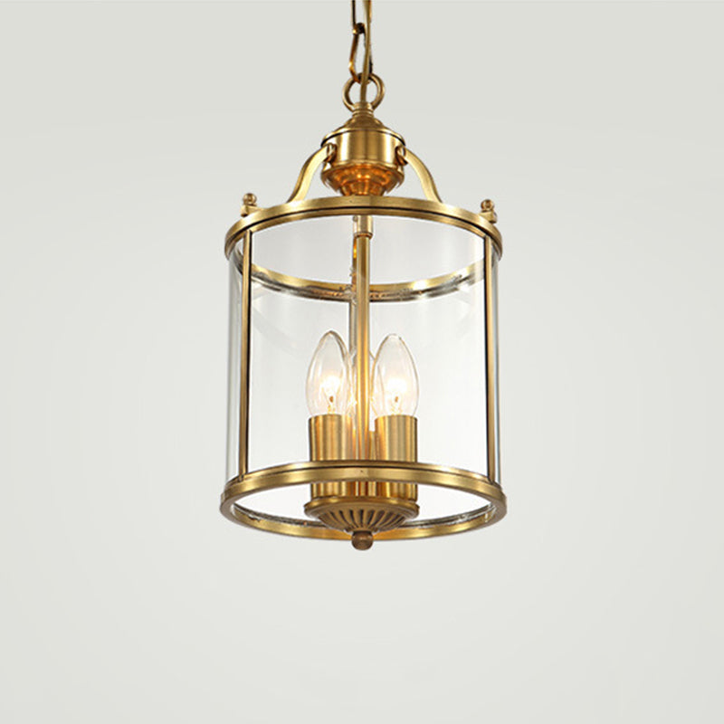 Traditional Rustic Birdcage Cylinder Copper Glass 3-Light Chandelier For Living Room