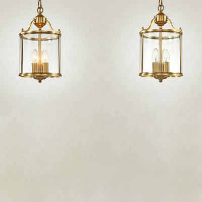 Traditional Rustic Birdcage Cylinder Copper Glass 3-Light Chandelier For Living Room