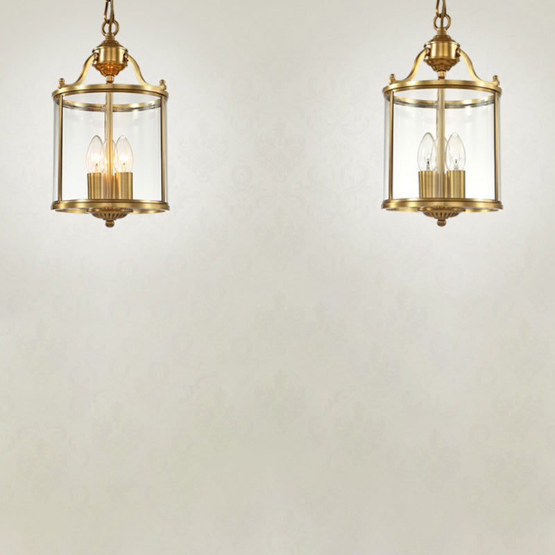 Traditional Rustic Birdcage Cylinder Copper Glass 3-Light Chandelier For Living Room
