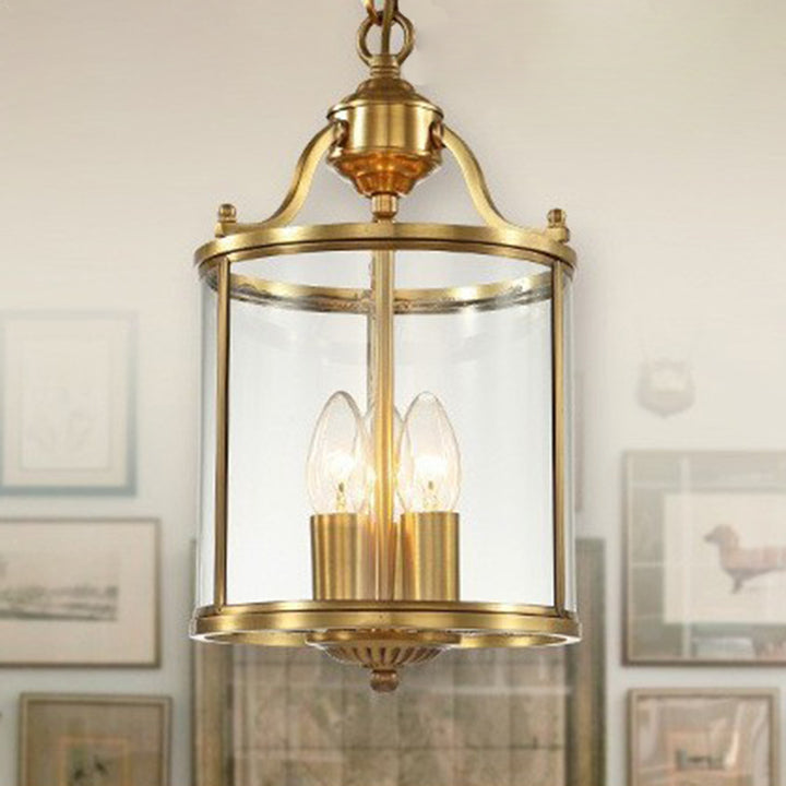 Traditioneller rustikaler Vogelkäfig Zylinder Kupfer Glas 3-Licht Kronleuchter für Wohnzimmer 