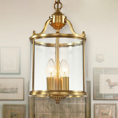 Traditional Rustic Birdcage Cylinder Copper Glass 3-Light Chandelier For Living Room