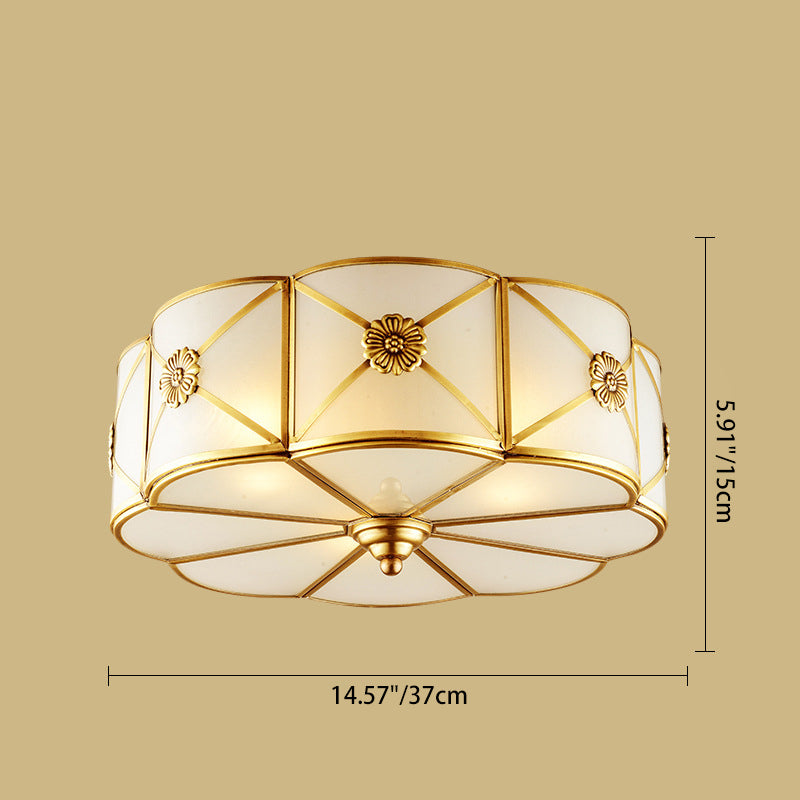 Traditional European Cylinder Copper Glass 3/4/6 Light Flush Mount Ceiling Light For Bedroom