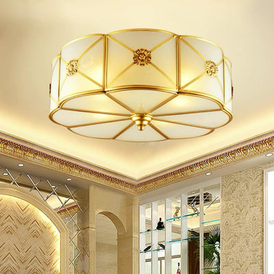 Traditional European Cylinder Copper Glass 3/4/6 Light Flush Mount Ceiling Light For Bedroom