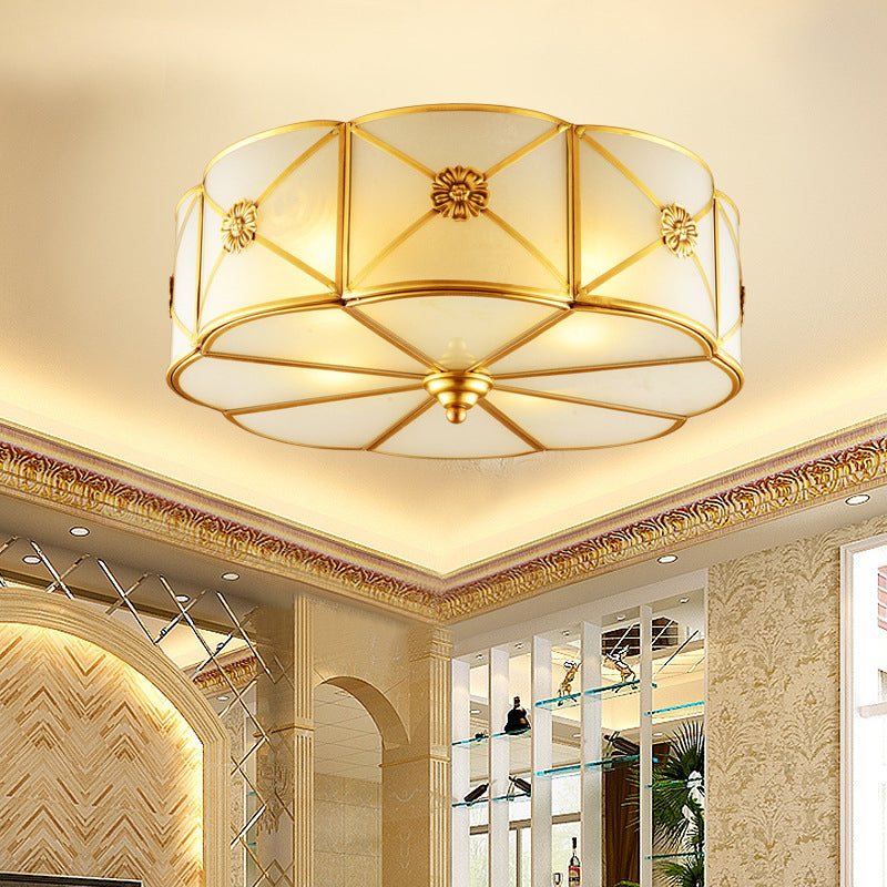 Traditional European Cylinder Copper Glass 3/4/6 Light Flush Mount Ceiling Light For Bedroom