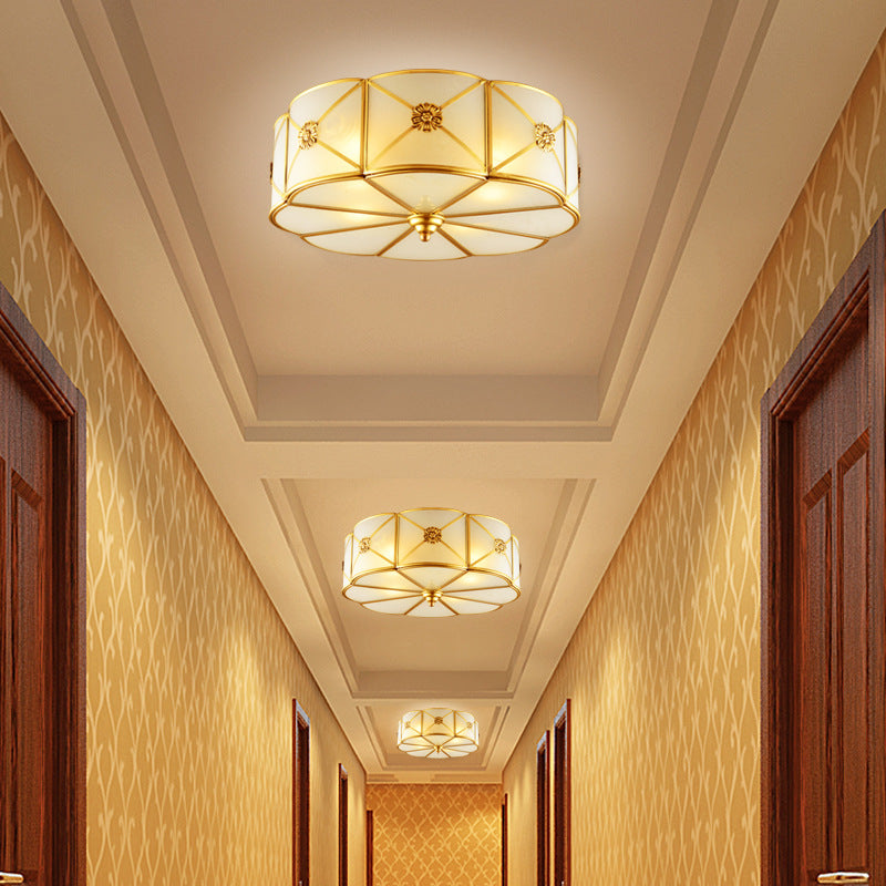 Traditional European Cylinder Copper Glass 3/4/6 Light Flush Mount Ceiling Light For Bedroom