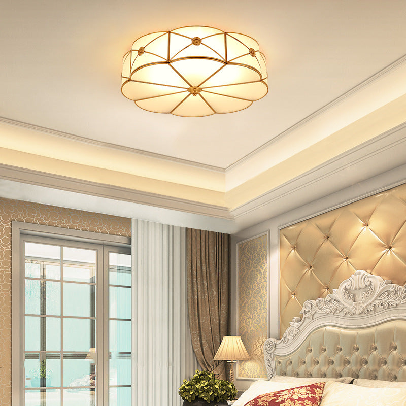 Traditional European Cylinder Copper Glass 3/4/6 Light Flush Mount Ceiling Light For Bedroom