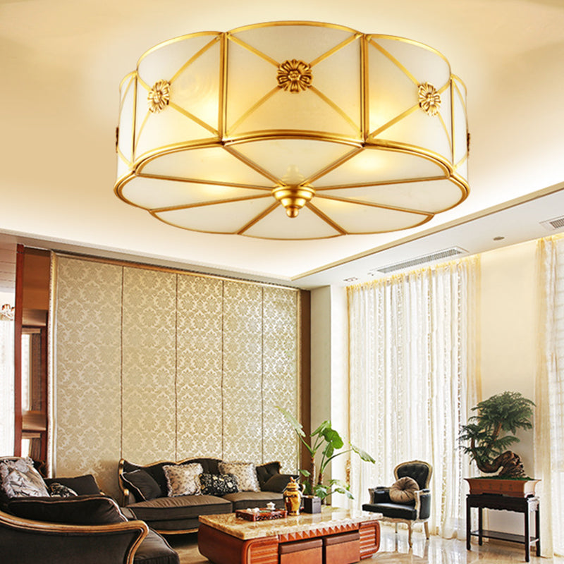 Traditional European Cylinder Copper Glass 3/4/6 Light Flush Mount Ceiling Light For Bedroom