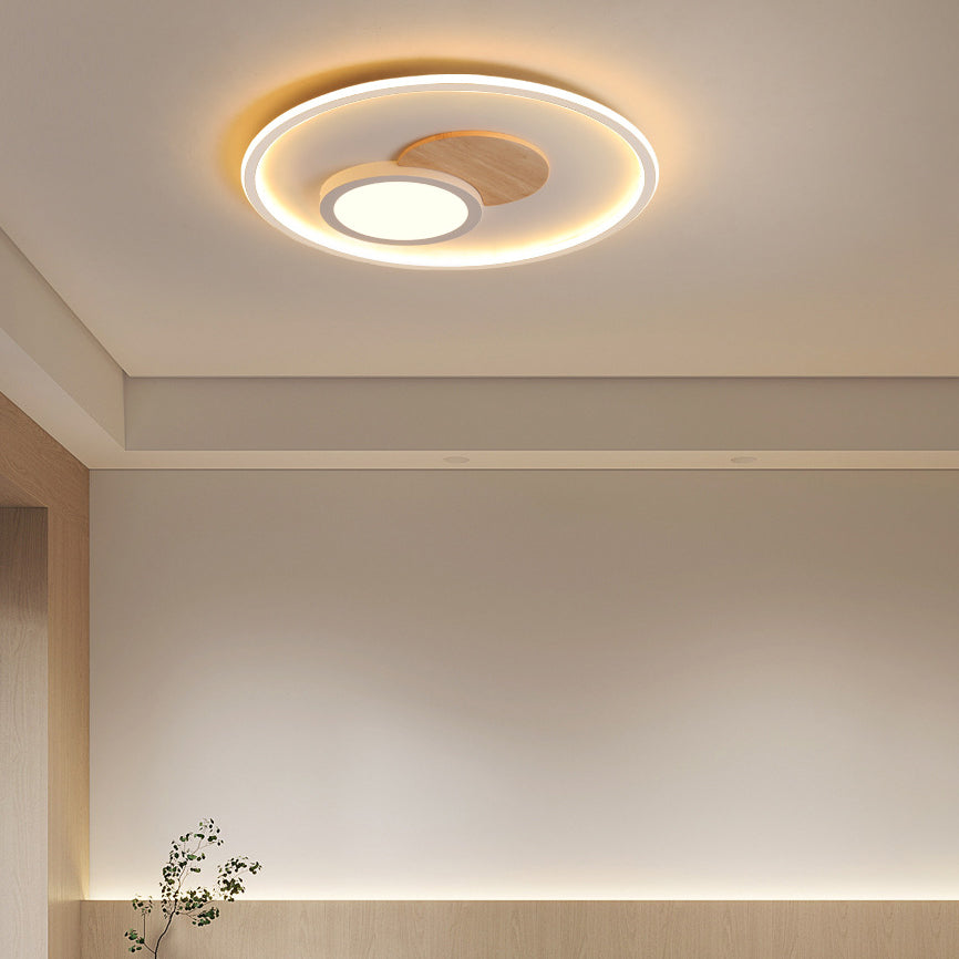 Plafonnier LED Rond Nordique Contemporain en Acrylique, Aluminium et Bois pour Chambre 