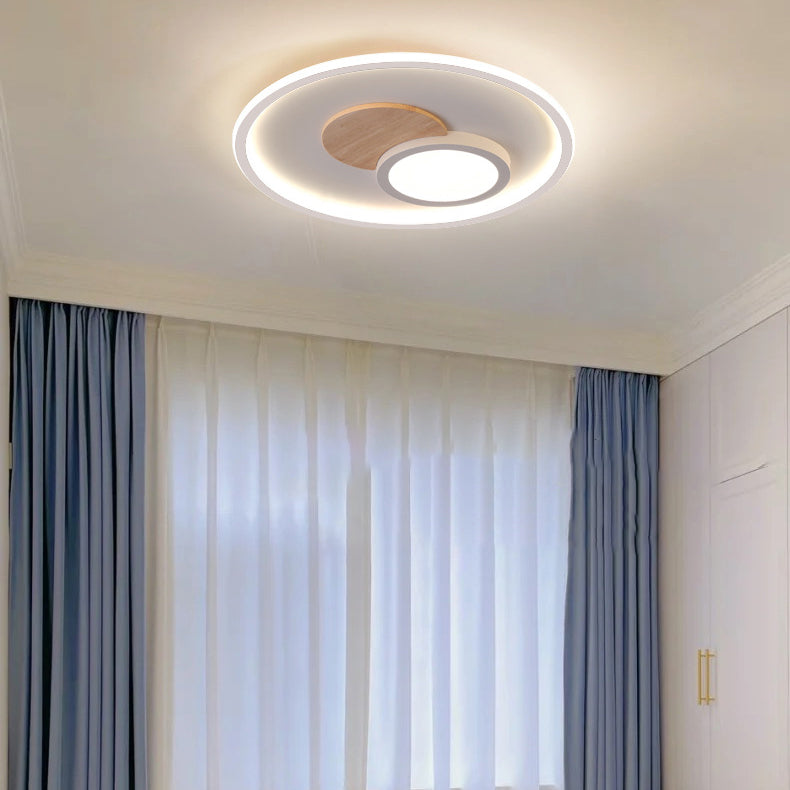 Plafonnier LED Rond Nordique Contemporain en Acrylique, Aluminium et Bois pour Chambre 