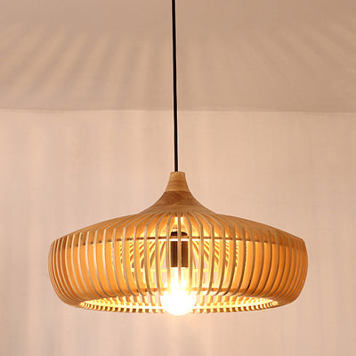 Traditional Japanese Round Wood 1-Light Pendant Light For Living Room