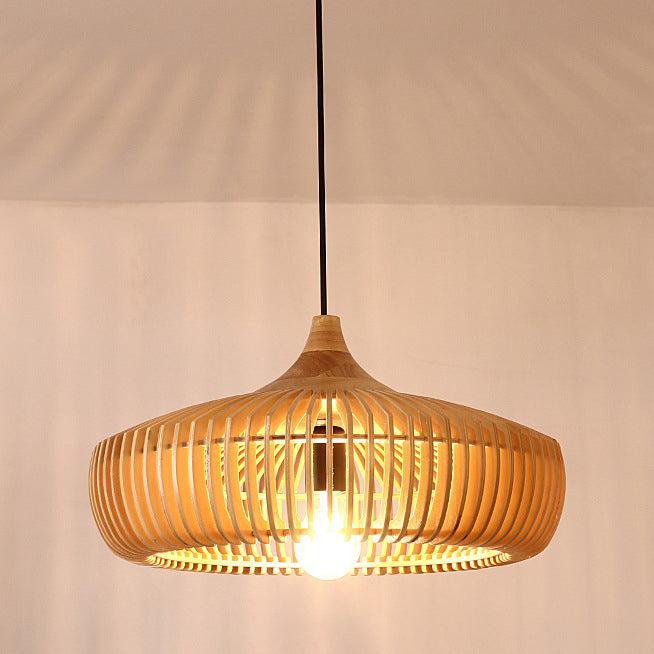 Traditional Japanese Round Wood 1-Light Pendant Light For Living Room